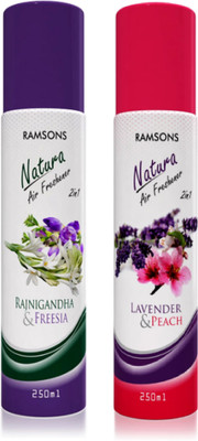 RAMSONS Rajnigandha And Freesia & Lavender And Peach Spray Rajnigandha And Freesia, Lavender And Peach Air Freshener 250ml Each (Pack Of 2)(2 x 250 ml)