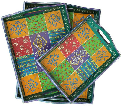 Arrakasta Crafts Traditional Rajasthani handmade Embossed Hand Painting handicraft multipurpose Wooden serving Tray for Tea Coffee Snacks Tray Serving Set(Pack of 3)