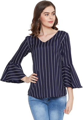 FORELEVY Casual Bell Sleeve Striped Women Dark Blue Top