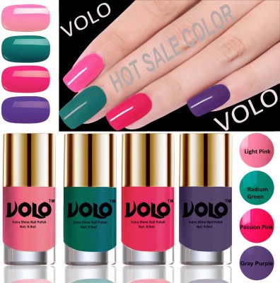 Volo Grand Shine Everlasting High Definition Nail Polish Combo Set Combo-No-01 Light Pink, Radium Green, Passion Pink, Gray Purple(Pack of 4)
