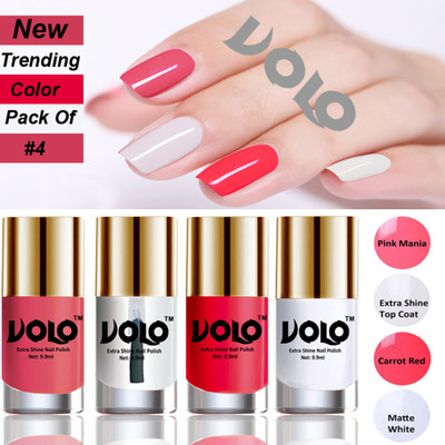 Volo Dazzling Glow Long Stable High Definition Nail Polish Combo Set Combo-101 Pink Mania, Extra Shine Top Coat, Carrot Red, Matte White(Pack of 4)
