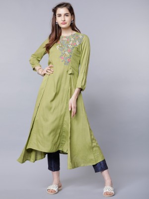 Vishudh Women Floral Print High Low Kurta(Green)