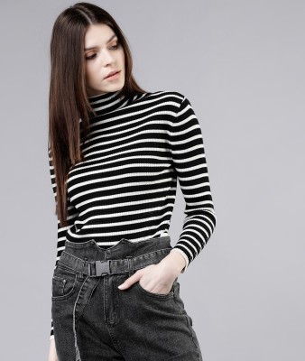 Tokyo Talkies Striped Turtle Neck Casual Women Black, White Sweater