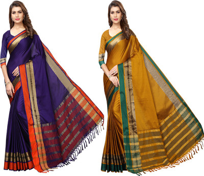 HITESH ENTERPRISE Solid/Plain Maheshwari Cotton Silk Saree(Pack of 2, Purple, Mustard)