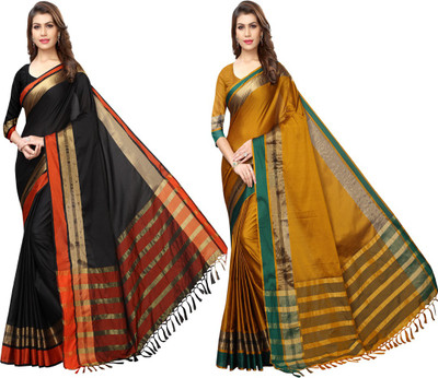 HITESH ENTERPRISE Solid/Plain Bollywood Cotton Silk Saree(Pack of 2, Black, Mustard)