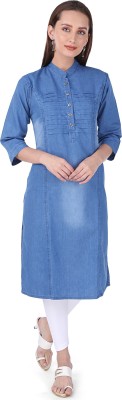 CEFALU Women Solid A-line Kurta(Blue)