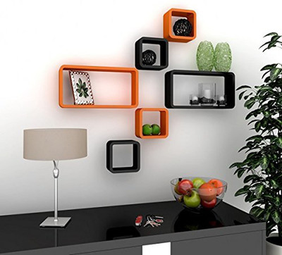 RAG Solutions RAG Solutions MDF Wall Decoration Cube Rectangle Wall Rack and Shelves (Orange and Black) -Set of 6 MDF (Medium Density Fiber) Wall Shelf(Number of Shelves - 6, Black, Orange)