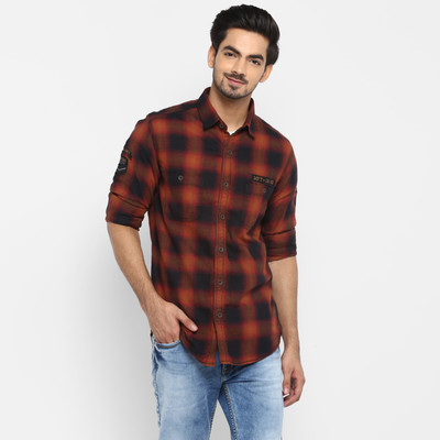mufti-men-checkered-casual-black-orange-shirt