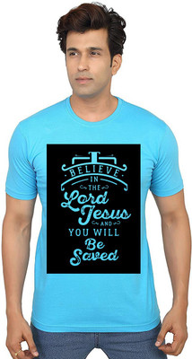 Aseria Printed Men Round Neck Light Blue T-Shirt