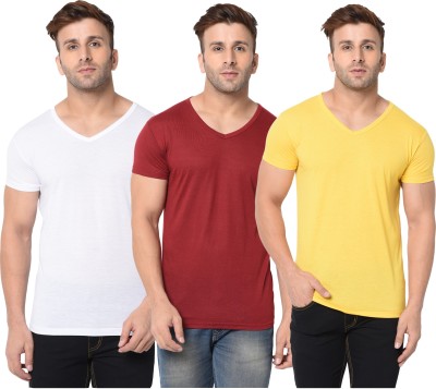 Adorbs Solid Men V Neck White, Maroon, Yellow T-Shirt