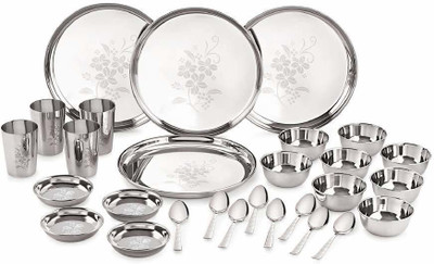 NEELAM Pack of 28 Stainless Steel Laser Etching Dinner Set 24 Gauge Dinner Set(Silver)