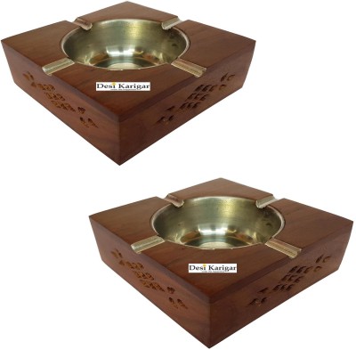 DESI KARIGAR Premium Quality Antique Ashtray With Brass Inlay, Pack Of 2 Brown Wood Ashtray(Pack of 2)