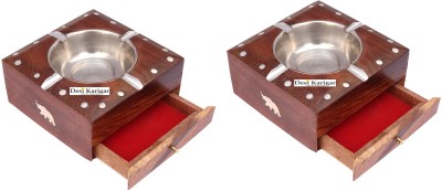 DESI KARIGAR Brass Inlay Ashtray + Cig. Case, Pack Of 2 Brown Wood Ashtray(Pack of 2)