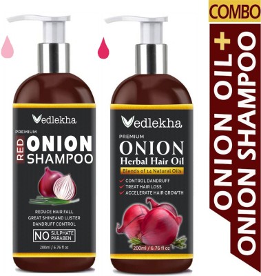 Vedlekha ONION Hair Oil And ONION Shampoo Combo with 14 Essential Oils for Hair Regrowth, Dandruff Control Hair Oil-Packof-2-Dispenser Bottle- Hair Oil(400)