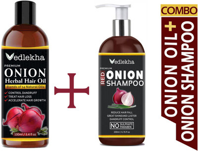 Vedlekha ONION Hair Oil And ONION Shampoo Combo with 14 Essential Oils for Hair Regrowth, Dandruff Control-100ml Onion Oil & Onion Shampoo-200ml Combo-Packof-2-Bottle- Hair Oil(300 ml)