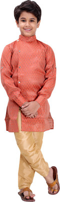 Fourfolds Boys Festive & Party Kurta and Pyjama Set(Orange Pack of 1)