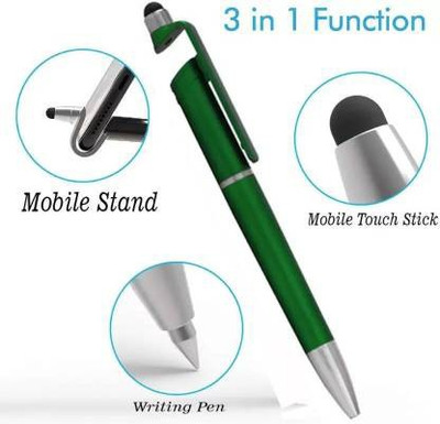 Klowage 3 in 1 Smartphone Stand Holder, Screen Wipe and Ballpoint Pen Mobile Phone Holder for All Smartphones (green) Ball Pen(Ink Color - Blue)
