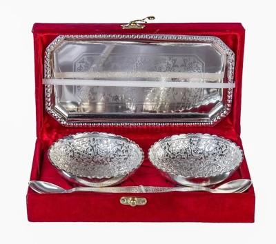 GIFTCITY German Silver Plated 2 Bowl Set (Hand Work) With Embossed Tray Bowl, Spoon, Tray Serving Set(Pack of 5)