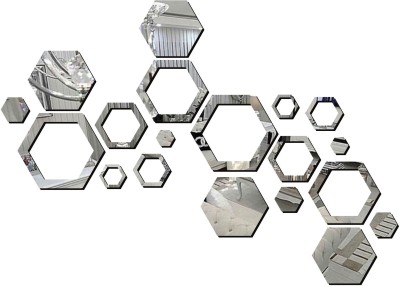 Creatick Studio 42 cm Acrylic 3D Hexagon 19 Glod Mirror Wall Sticker (Silver) Self Adhesive Sticker(Pack of 1)