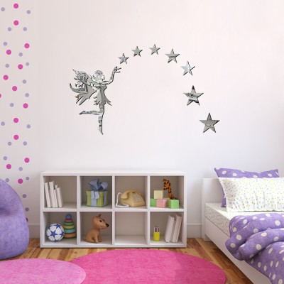 DECOR KAFE 36 cm Acrylic 3D Fairy With Stars Acrylic Mirror Wall Sticker (Silver) Self Adhesive Sticker(Pack of 1)