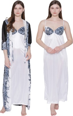 ROWENA Women Nighty with Robe(Black, White)