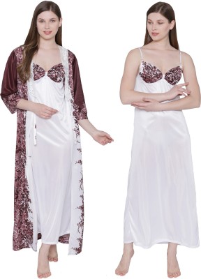 ROWENA Women Nighty with Robe(Brown, White)