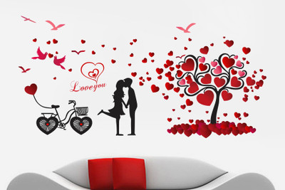 Sticker Hub 114 cm Couple Love Tree And Heart Birds Wall Sticker Standard Self Adhesive Sticker(Pack of 1)