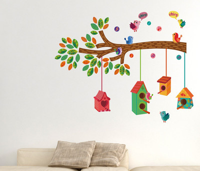 Sticker Hub 80 cm Birds House On Branch - 100cm X 80cm Self Adhesive Sticker(Pack of 1)