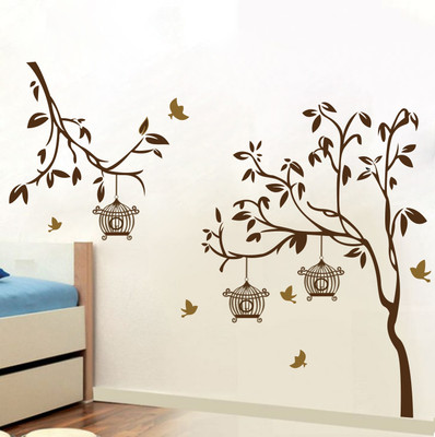 Saiii Designs 140 cm Tree With Birds And Cages Wall Sticker Standard Size - 140cm X 110cm Color - Multicolor Self Adhesive Sticker(Pack of 1)