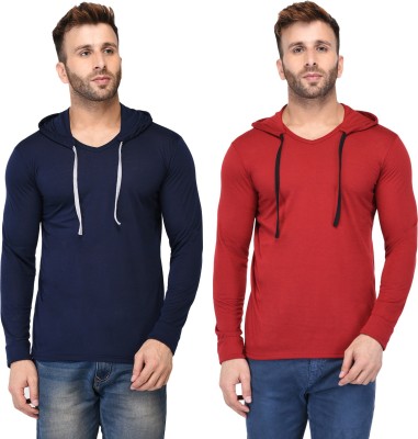Adorbs Solid Men Hooded Neck Red, Blue T-Shirt