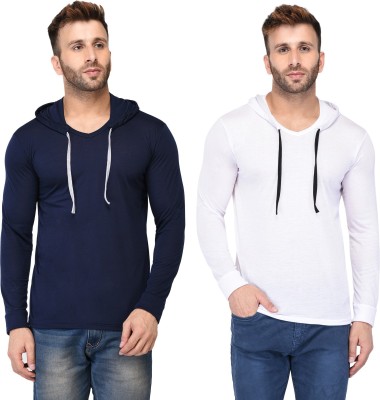 Adorbs Solid Men Hooded Neck Dark Blue, White T-Shirt