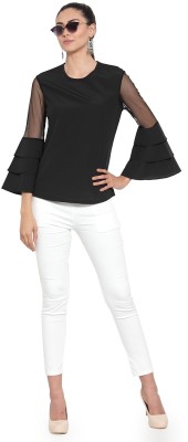 Tunic Nation Casual Bell Sleeve Solid Women Black Top