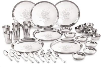 NEELAM Pack of 36 Stainless Steel Laser Etching Dinner Set 24 Gauge Dinner Set(Silver)