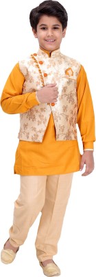 Fourfolds Boys Festive & Party Kurta, Waistcoat and Pyjama Set(Yellow Pack of 1)