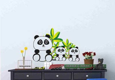 wildartcreation 66 cm Baby Panda's With colourful Leaf Wall Sticker Self Adhesive Sticker(Pack of 1)
