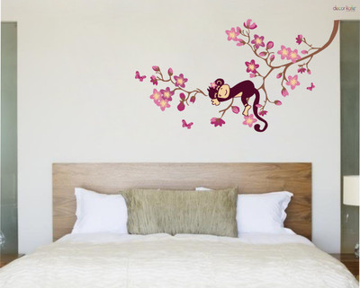 SUDARSHAN STICKER 91 cm Peach blossom Sleeping Monkey Animal Tree Branch Removable Art Decal Wall Sticker Self Adhesive Sticker(Pack of 1)