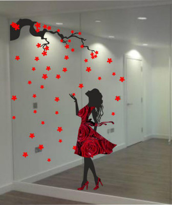 SUDARSHAN STICKER 152 cm Beautiful Girl And Flower Removable Wall Stickers Vinyl Decal( PVC Vinyl Film 152Cm X 103Cm ) Self Adhesive Sticker(Pack of 1)