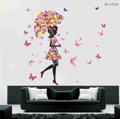 wildartcreation 99 cm Butterfly Girl with Umbrella Removable Wall Art Mural Sticker Self Adhesive Sticker(Pack of 1)