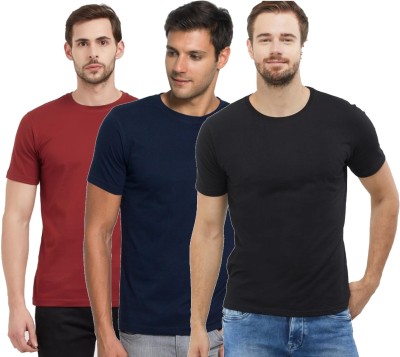 braford Solid Men Round Neck Dark Blue, Maroon, Black T-Shirt