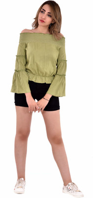 ELEVANTO Casual 3/4 Sleeve Solid Women Green Top