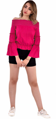 ELEVANTO Casual 3/4 Sleeve Solid Women Pink Top