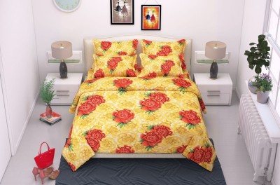 VIKCLIQUE 144 TC Polycotton Double Printed Flat Bedsheet(Pack of 1, RellowRed Rose)