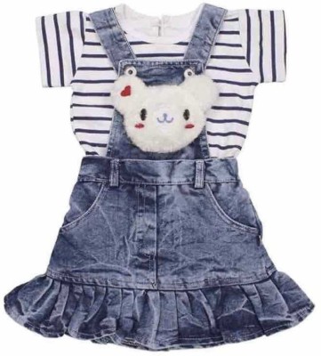 GRHK Dungaree For Girls Casual Striped Cotton Blend(Blue, Pack of 1)