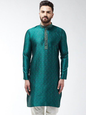 Pintrest Men Self Design Straight Kurta(Green)