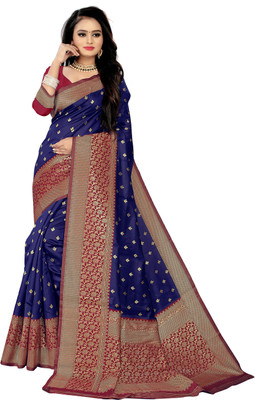 BHAKTI BHUSHAN CREATION Printed, Self Design Kanjivaram Silk Blend, Polyester Saree(Blue)