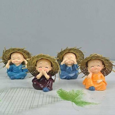 SHIVAYE COLLECTION Set of 4 Hat Child Monk Statue | Laughing Buddha Statue Decorative Showpiece  -  6 cm(Polyresin, Multicolor)