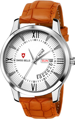 Swiss Bells SB-001 Imported White Dial Brown Genuine Leather Strap Day & Date Working Wrist Analog Watch - For Men