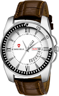 Swiss Bells SB-012 Imported White Dial Silver Stainless Steel Strap Day & Date Working Wrist Analog Watch - For Men