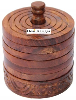 DESI KARIGAR Round Reversible Wood Coaster Set(Pack of 6)