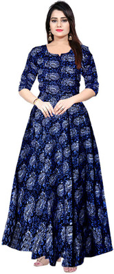 Trendy Fab Flared/A-line Gown(Dark Blue)
